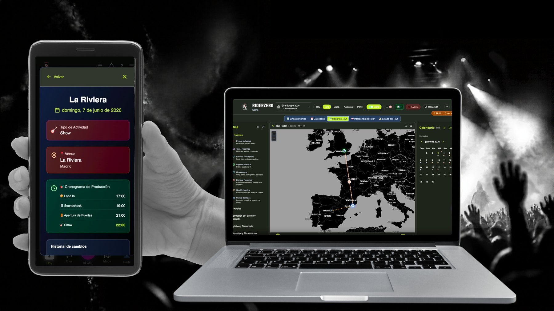 The RiderZero app on a phone and a laptop: flight tracking, show schedule and tour logistics dashboard, organized with AI.