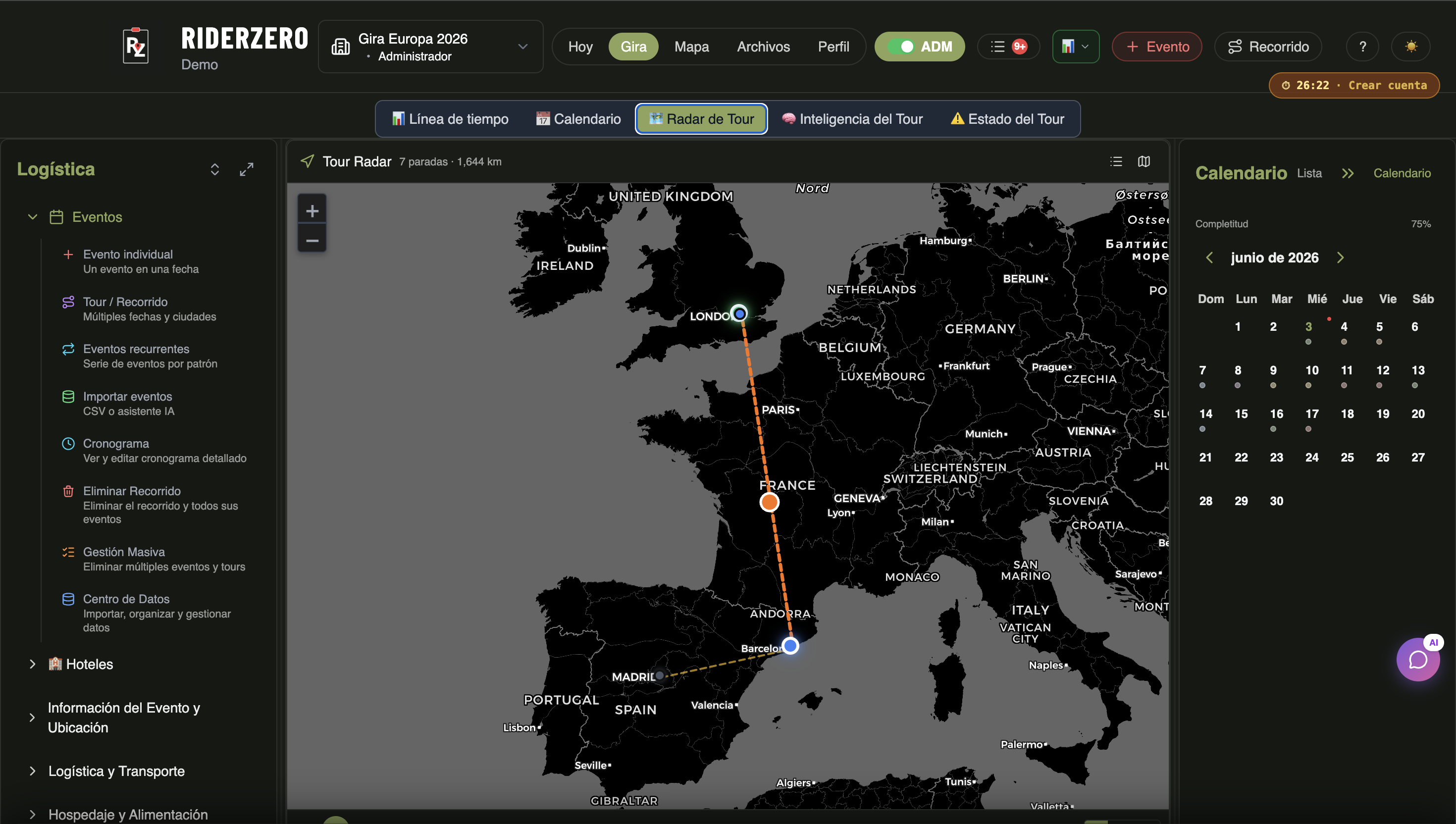RiderZero Tour Radar — ruta de gira europea 2026