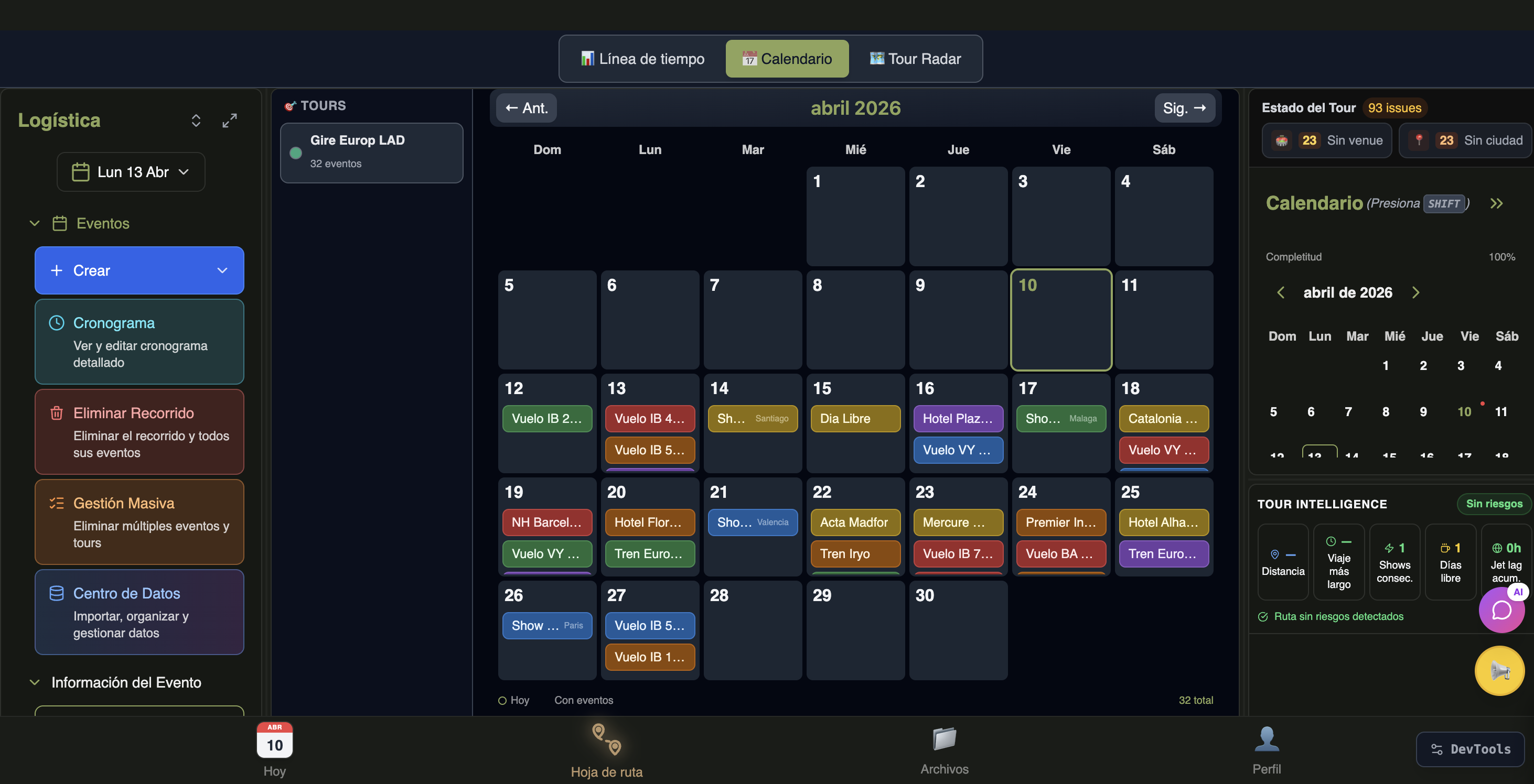 Calendario de gira en RiderZero