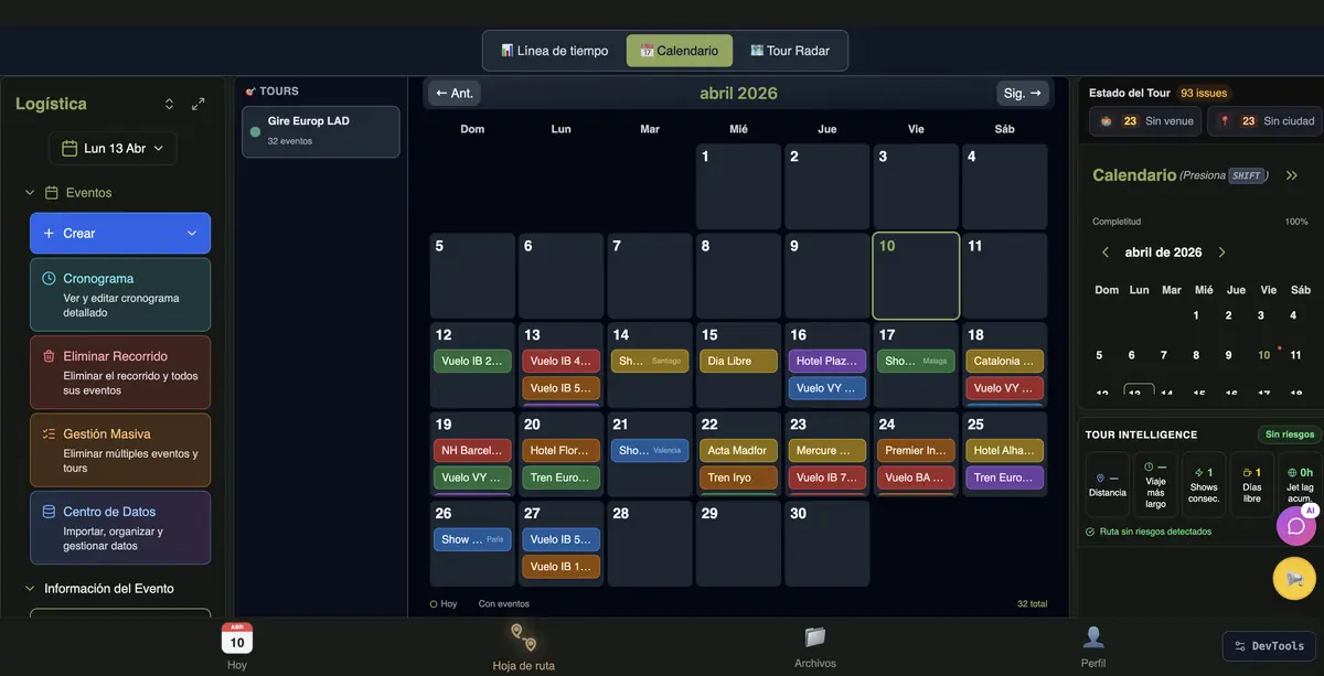 Calendario de gira en RiderZero