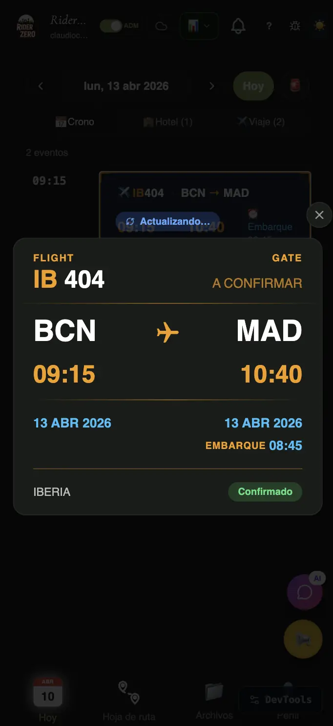 RiderZero en móvil — detalle de vuelo